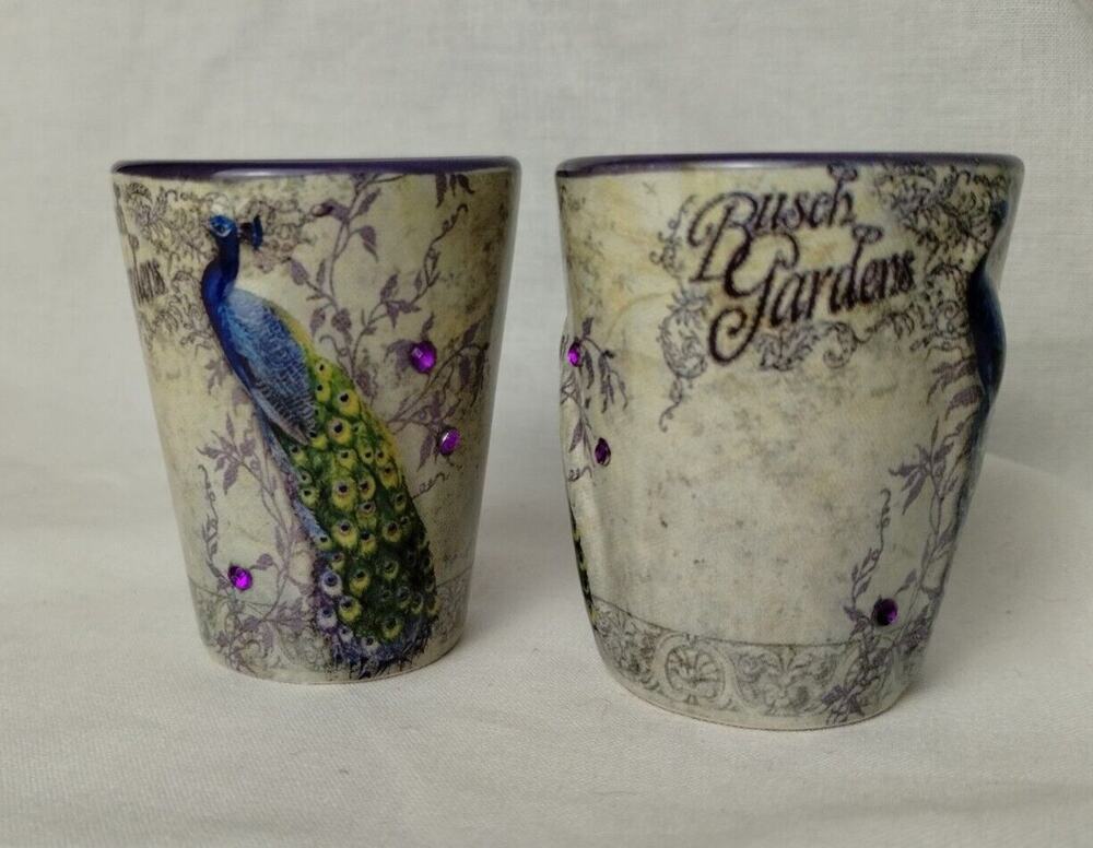 Set Of Two Busch Gardens Collectible Ceramic Shot Glasses - Peacocks